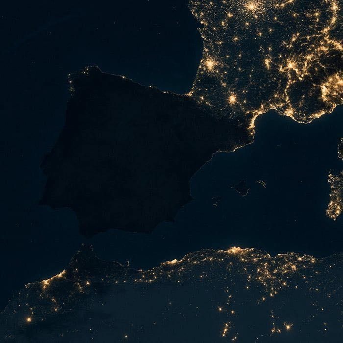 Imagine din satelit unde se poate vedea pana de curent din Spania si Portugalia