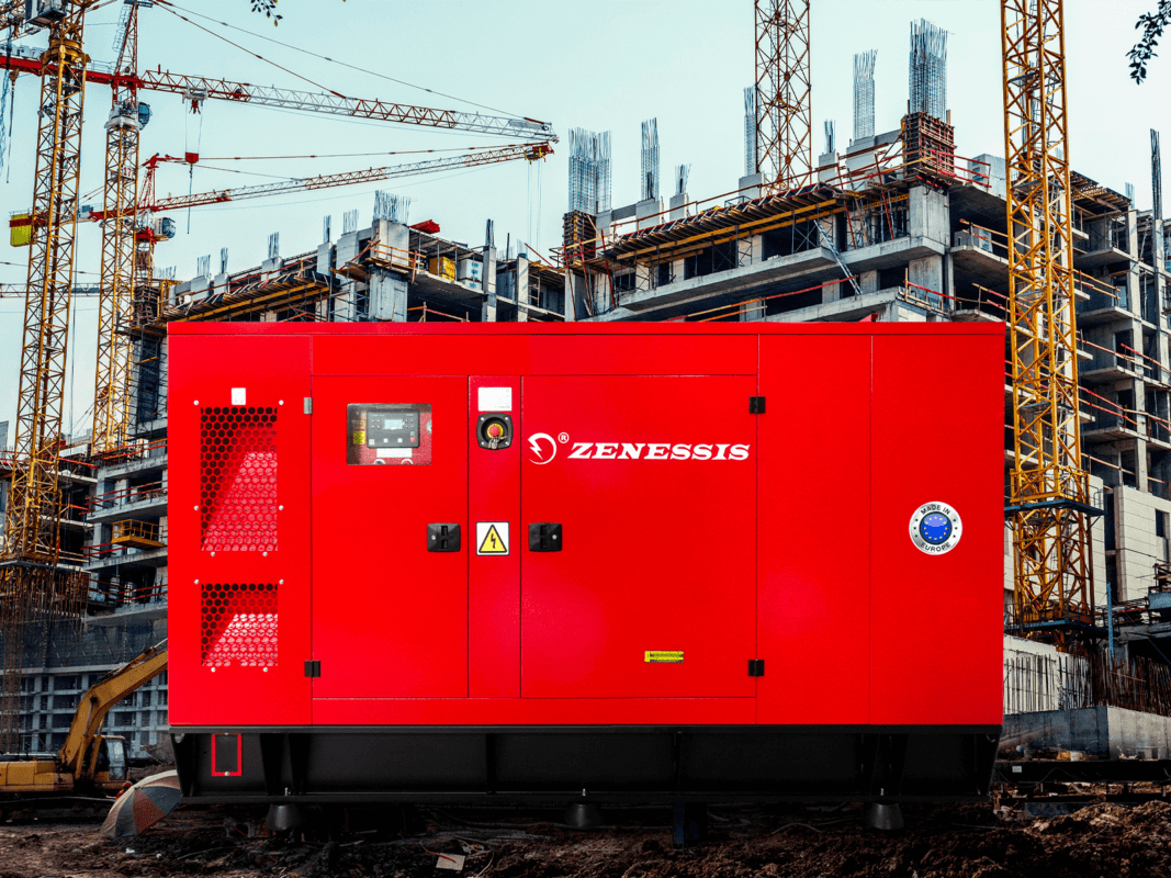 Generator electric roșu marca ZENESSIS amplasat pe un șantier de construcții, cu clădiri în construcție și macarale turn în fundal.