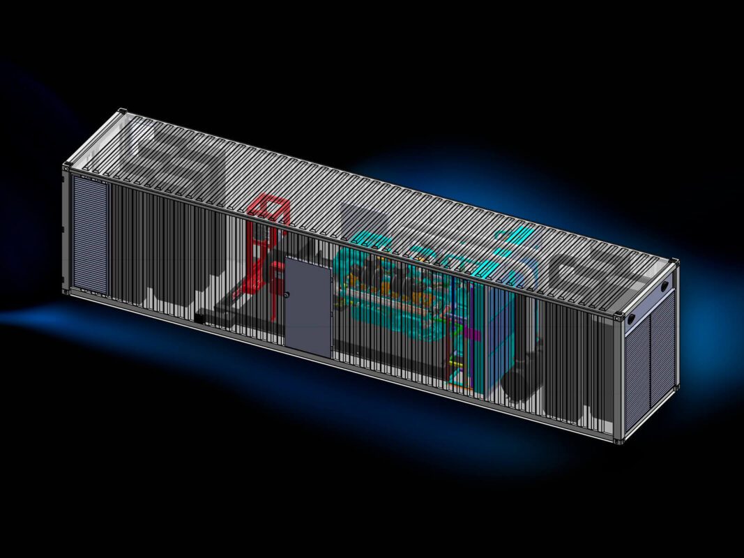 A 3D rendering of a Zenessis generator housed inside a shipping container. The generator's internal components are highlighted with vibrant colours, showing pipes and machinery within the container. The design emphasizes the industrial and compact nature of the setup.