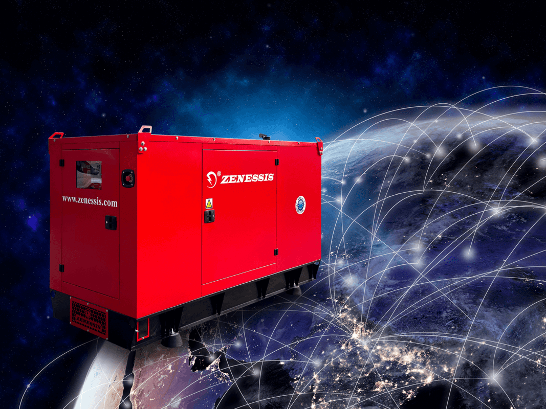 A red Zenessis generator positioned against a space-themed background, with a network of interconnected lines symbolizing global telecommunications. The generator's side is visible with the Zenessis logo and ‘Made in Europe’ label, conveying a high-tech, interconnected vibe.